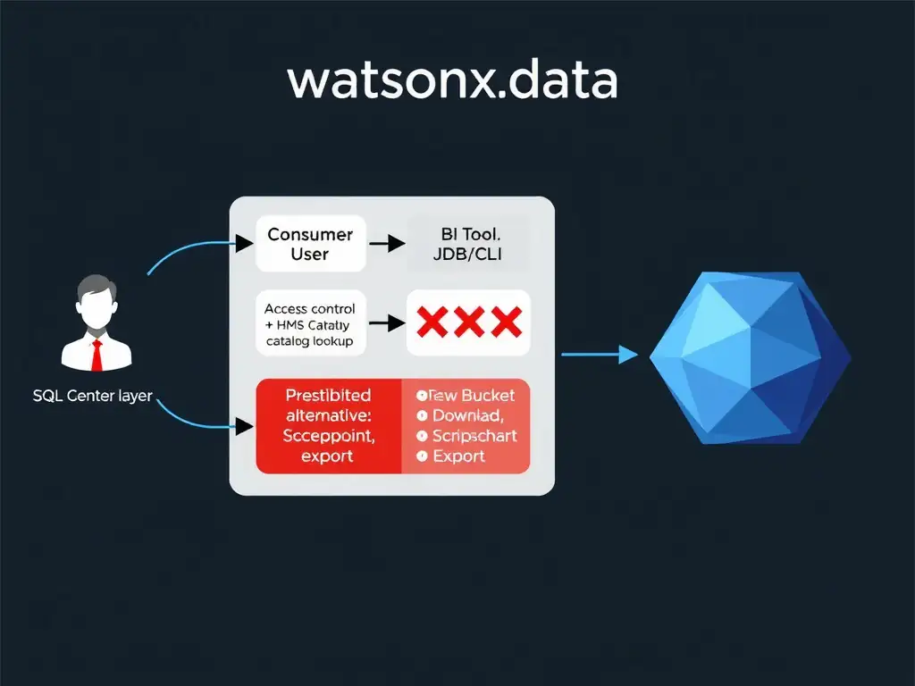 A diagram showing the SQL access architecture for watsonx.data: three consumer types on the left (Console User, BI Tool/JDBC, Python/CLI) connect via arrows to the middle layer (Presto query engine + access control + HMS catalog lookup) which then queries the right layer (Iceberg tables on object storage). A separate red-X panel shows prohibited alternatives: raw bucket download, catalog bypass, screenshot export. Governance checkpoints are highlighted at the engine layer.