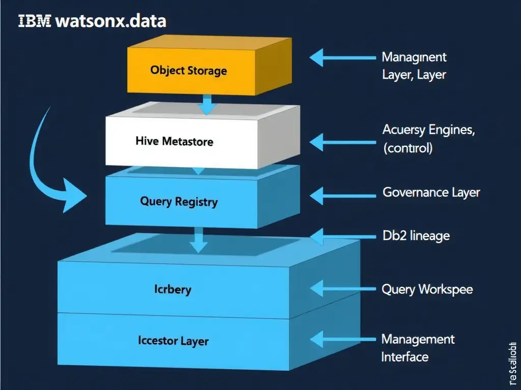 A component architecture diagram of IBM watsonx.data organized as a layered stack: bottom layer shows Object Storage (IBM COS/S3) with Iceberg data files; above that, the Metadata Layer (Hive Metastore, table registry); above that, the Query Engines layer (Presto, Spark, Db2 shown as parallel boxes); above that, the Governance Layer (access control, policies, lineage); top layer shows Management Interfaces (Data Manager console, Infrastructure Manager, Query Workspace). Bidirectional arrows show how each layer interacts with adjacent layers.