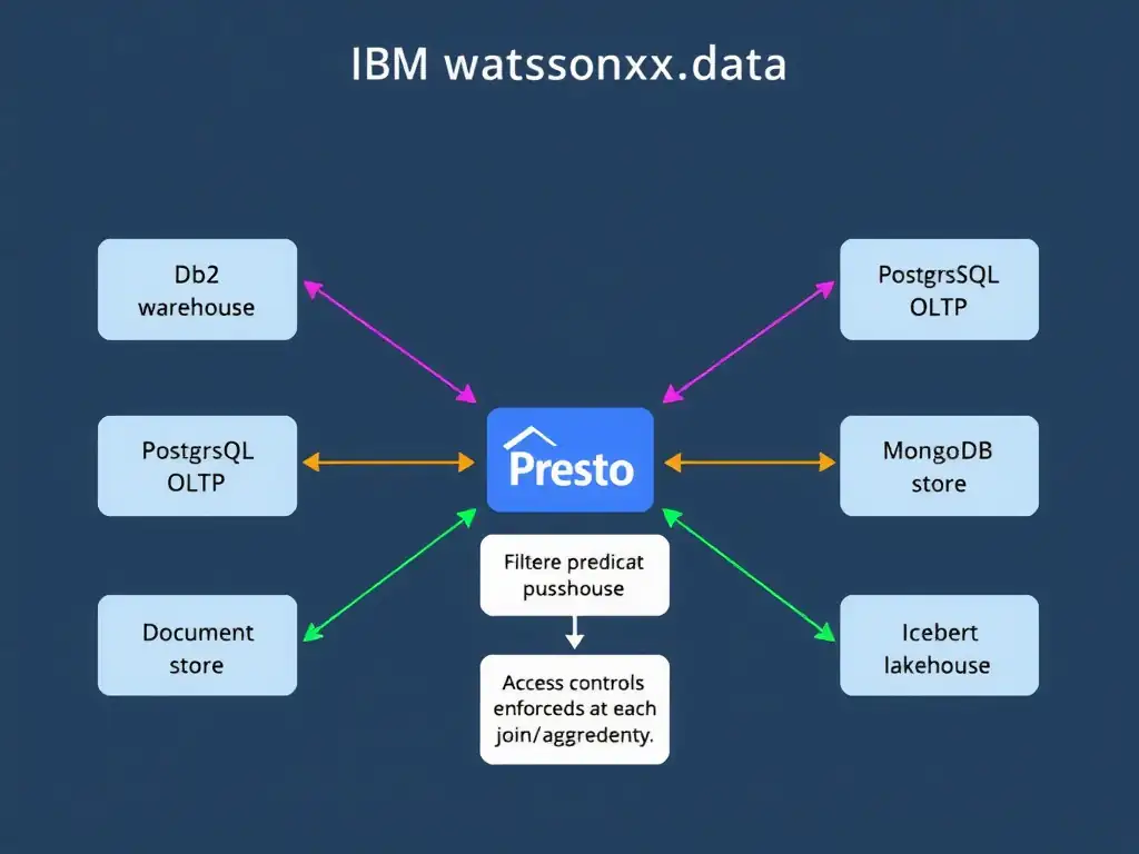 A federation architecture diagram showing IBM watsonx.data Presto engine in the center with federation connectors extending outward to four external data sources (Db2 warehouse, PostgreSQL OLTP, MongoDB document store, remote Iceberg lakehouse). Arrows show query predicate pushdown flowing from Presto to each source, and filtered result sets returning to Presto for join/aggregation. A small panel shows that access controls are enforced at both the Presto layer and at each source system independently.