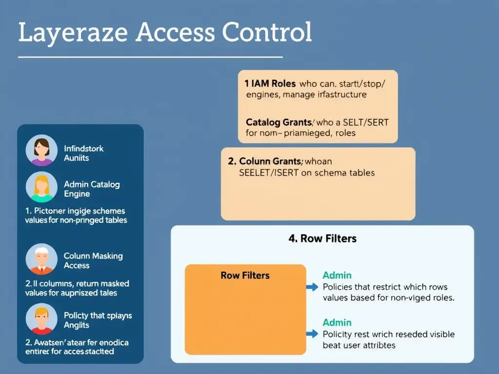 A layered access control diagram for watsonx.data showing four enforcement layers from top to bottom: (1) IAM Roles — who can start/stop engines, manage infrastructure; (2) Catalog Grants — who can SELECT/INSERT on schemas and tables; (3) Column Masking — PII columns return masked values for non-privileged roles; (4) Row Filters — policies that restrict which rows are visible based on user attributes. A user persona panel on the left shows different access levels for Admin, Analyst, and External Auditor roles mapped to each layer.