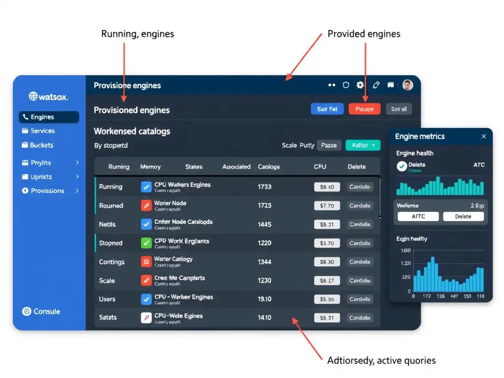 A UI-style diagram of the watsonx.data Infrastructure Manager console showing: left sidebar with navigation (Engines, Services, Buckets, Users); center panel showing a list of provisioned engines with status indicators (Running, Paused, Stopped), worker node count, associated catalogs, and action buttons (Scale, Pause, Delete); right panel showing engine health metrics (CPU, memory, active queries). Callout annotations identify each section's function.