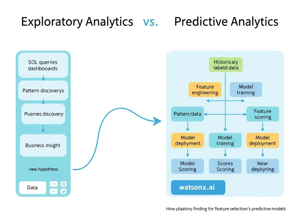 A side-by-side comparison diagram of exploratory vs predictive analytics workflows in watsonx.data: left column labeled 'Exploratory Analytics' shows: data → SQL queries/dashboards → pattern discovery → business insight → new hypothesis; right column labeled 'Predictive Analytics' shows: historical labeled data → feature engineering → model training (watsonx.ai) → model deployment → new data scoring → forecast/classification output. A connecting arrow in the middle shows how exploratory findings inform feature selection for predictive models.