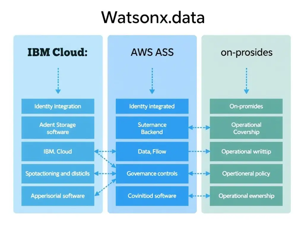 A clean side-by-side comparison diagram showing three watsonx.data deployment topologies: IBM Cloud SaaS, AWS SaaS, and on-premises software. Each column lists key attributes: identity integration, storage backend, governance controls, and operational ownership. Arrows show data flow and governance policy propagation across each model.