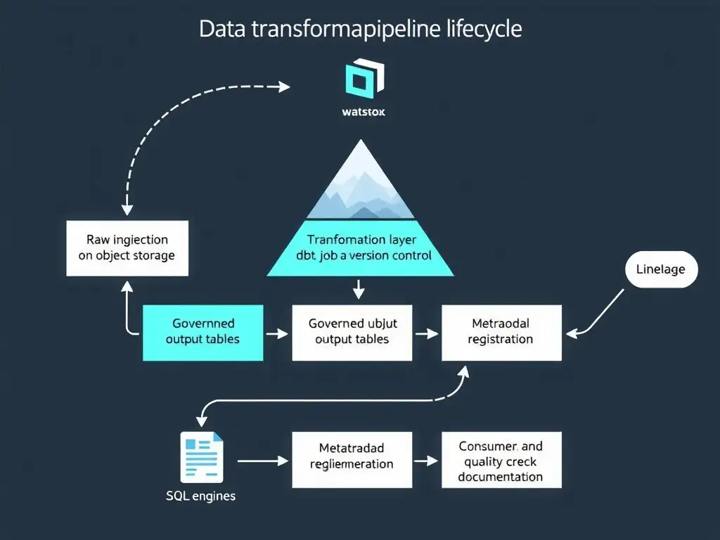 A flowchart showing the data transformation pipeline lifecycle in watsonx.data: raw ingestion layer on object storage → transformation layer (dbt or Spark job with version control) → governed output tables in Iceberg format → metadata catalog registration → consumer access via SQL engines. Annotations highlight where lineage, quality checks, and documentation are captured.