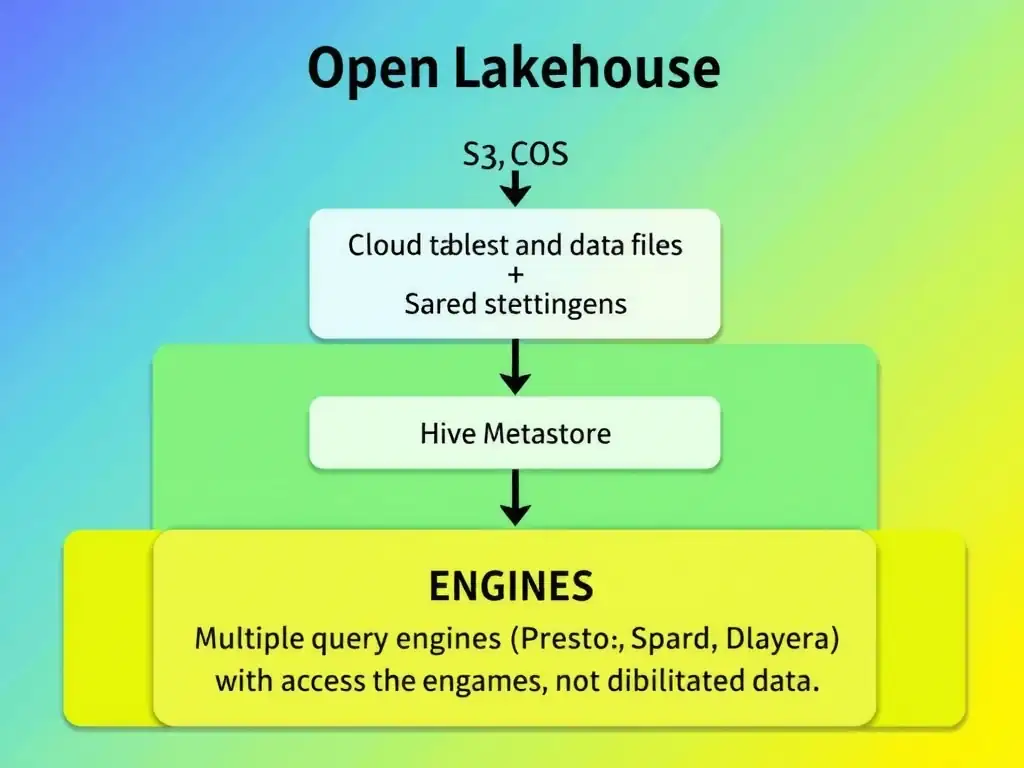 An architecture layer diagram showing the open lakehouse stack from bottom to top: cloud object storage (S3/COS) → open table format files (Iceberg manifest and data files) → shared metadata catalog (Hive Metastore) → multiple query engines (Presto, Spark, Db2) accessing the same data → governance and access control layer on top. Arrows show that engines read metadata, not duplicated data.