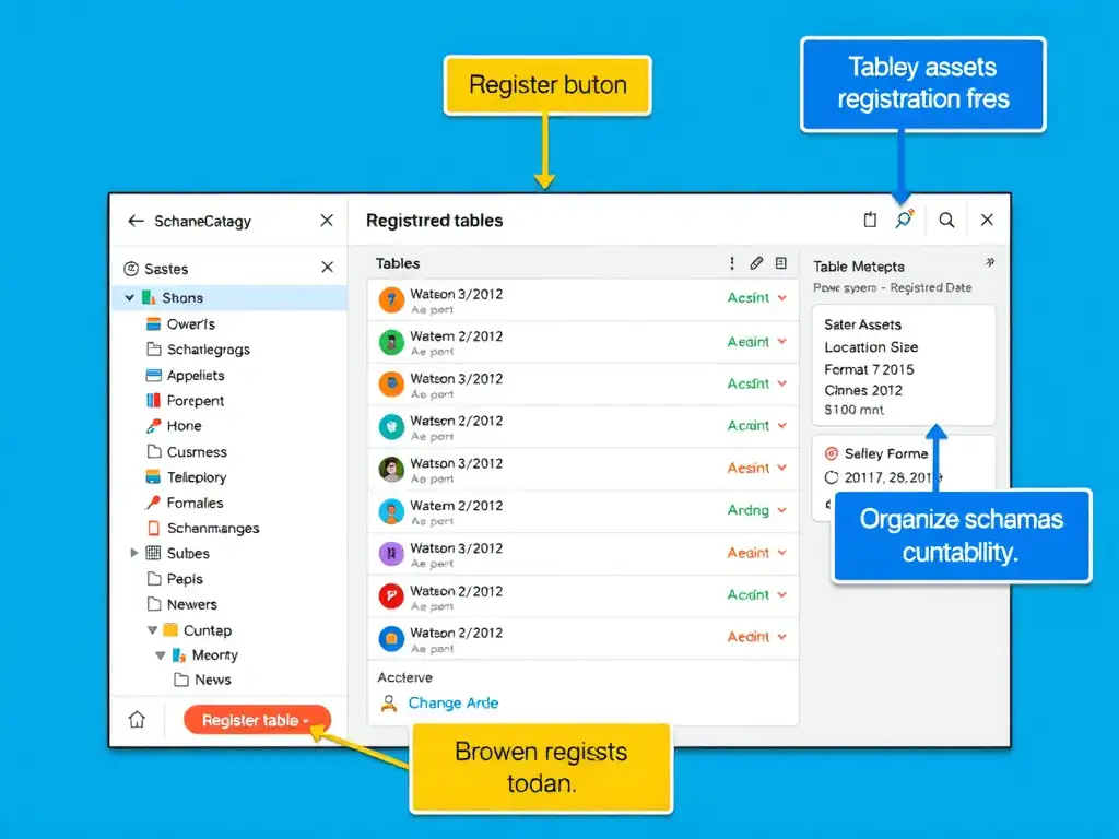 A screenshot-style diagram of the watsonx.data Data Manager UI showing: left panel with schema/catalog tree, center panel listing registered tables with status badges, and right panel showing table metadata (format, size, location, registration date). Callout boxes highlight the Register button, Browse Assets section, and Organize schemas capability.