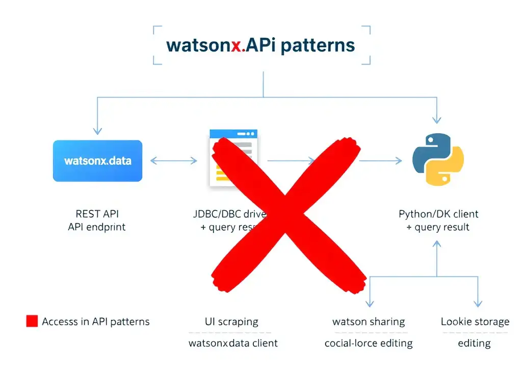 A diagram showing three legitimate API access patterns for watsonx.data: (1) REST API flow with IAM token → API endpoint → JSON response, (2) JDBC/ODBC driver flow from BI tool → Presto coordinator → query result, (3) Python/SDK client flow with API key → watsonx.data client → catalog operation. A red X overlays three anti-patterns: UI scraping, cookie sharing, and local storage editing.