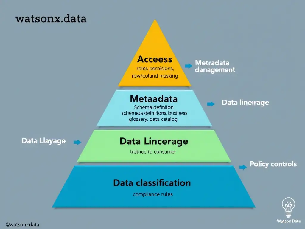A four-layer governance pyramid diagram for watsonx.data: bottom layer shows Access Control (IAM roles, table permissions, row/column masking), second layer shows Metadata Management (schema definitions, business glossary, data catalog), third layer shows Data Lineage (tracking data from source to consumer), top layer shows Policy Controls (data classification, retention, compliance rules). Arrows show how each layer feeds into and enforces the others.