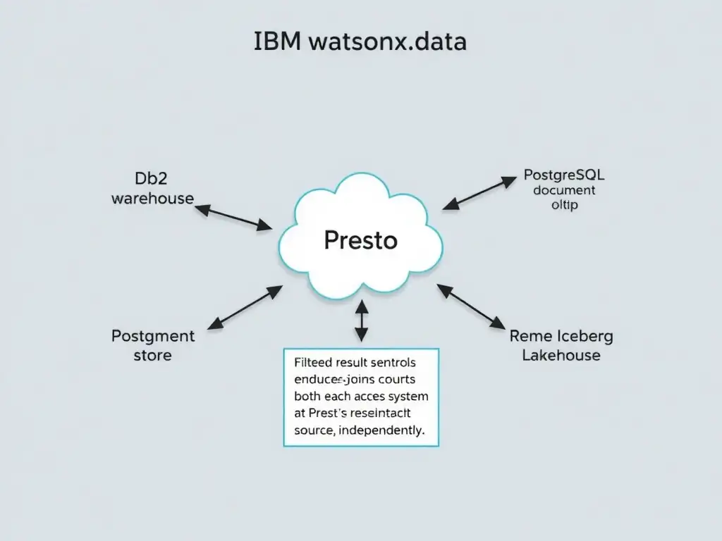 A federation architecture diagram showing IBM watsonx.data Presto engine in the center with federation connectors extending outward to four external data sources (Db2 warehouse, PostgreSQL OLTP, MongoDB document store, remote Iceberg lakehouse). Arrows show query predicate pushdown flowing from Presto to each source, and filtered result sets returning to Presto for join/aggregation. A small panel shows that access controls are enforced at both the Presto layer and at each source system independently.