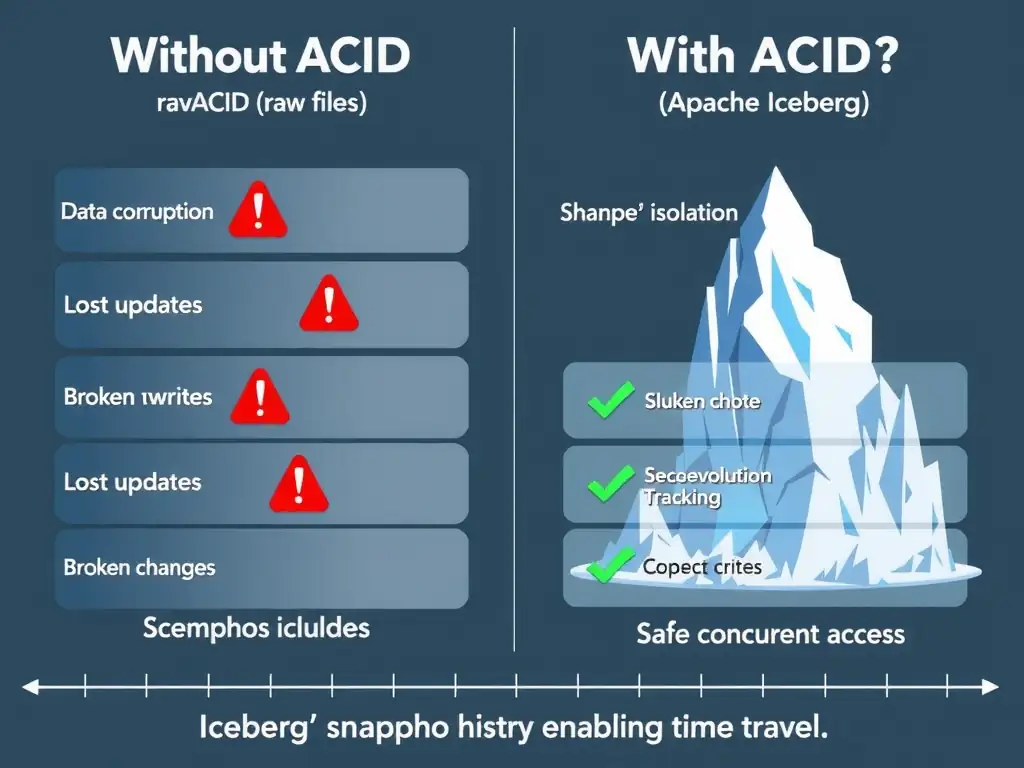 A comparison diagram split into two columns: left column labeled 'Without ACID (raw files)' shows scenarios of data corruption from concurrent writes, lost updates, and broken schema changes with red warning icons; right column labeled 'With ACID (Apache Iceberg)' shows the same scenarios resolved via snapshot isolation, schema evolution tracking, and safe concurrent access with green checkmarks. A timeline at the bottom shows Iceberg's snapshot history enabling time travel.