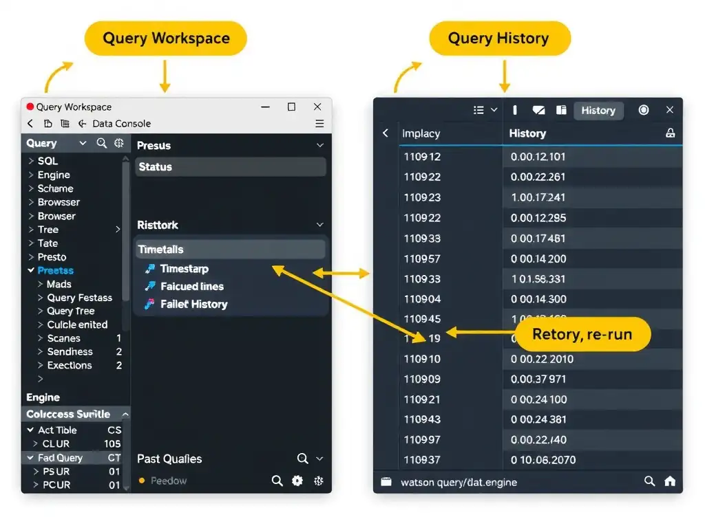 A side-by-side screenshot diagram of two watsonx.data console panels: left panel labeled 'Query Workspace' showing a SQL editor with engine dropdown (Presto selected), schema browser tree, and query results table; right panel labeled 'Query History' showing a table of past queries with columns for timestamp, status (success/failed), execution time, engine, and error message. An arrow connects a failed query in History to the editor where it can be re-run.