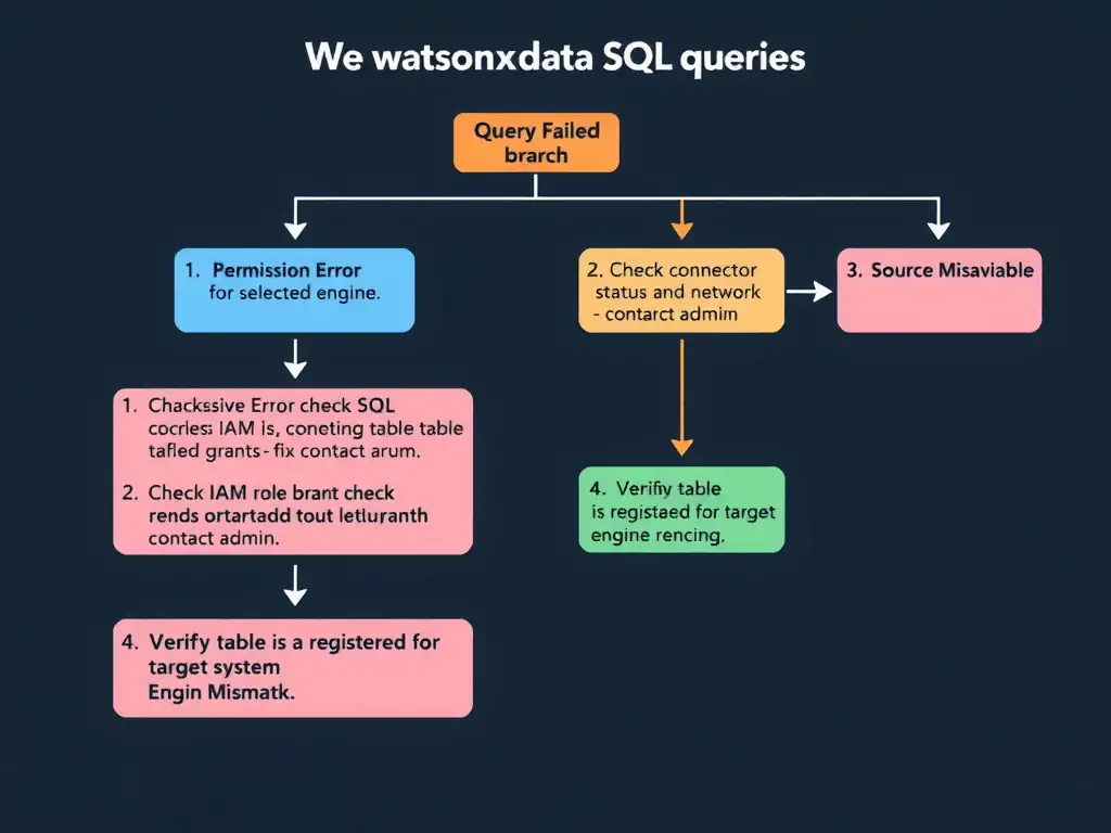 A troubleshooting flowchart for failed watsonx.data SQL queries, starting from 'Query Failed' with four branching diagnostic paths: (1) Syntax Error branch → check SQL dialect for selected engine → fix and rerun; (2) Permission Error branch → check IAM role and table grants → contact admin; (3) Source Unavailable branch → check connector status and network → verify external system; (4) Engine Mismatch branch → verify table is registered for target engine → switch engine or re-register. Each branch ends with a resolution action.