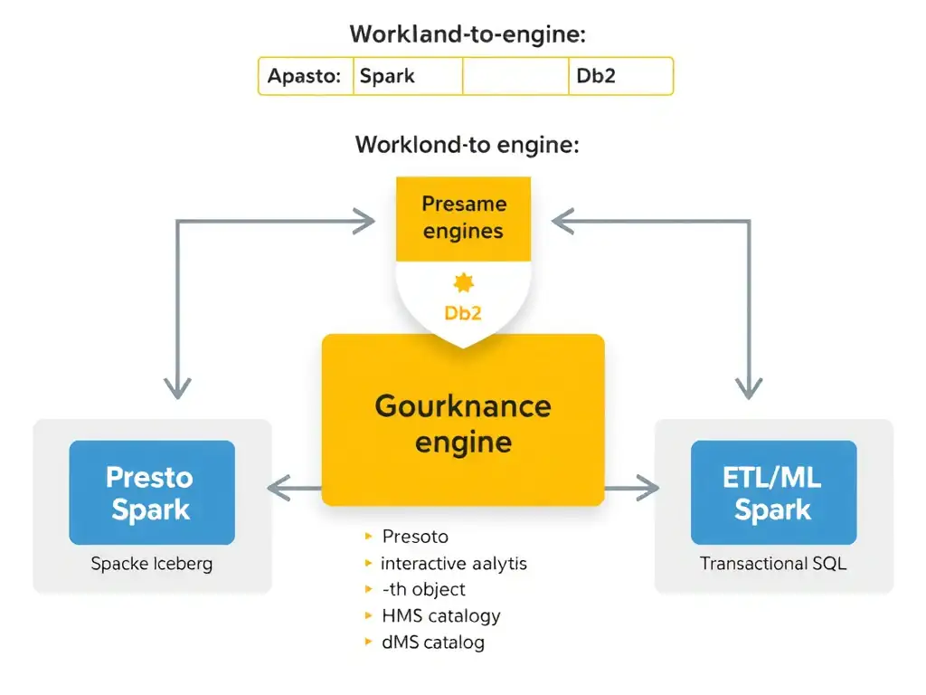 A diagram showing three query engines (Presto, Spark, Db2) arranged around a central shared data layer (Apache Iceberg tables on object storage with HMS catalog). Arrows from each engine point to the shared layer showing they read the same data. Above the engines, a workload-to-engine mapping table shows: interactive analytics → Presto, ETL/ML → Spark, transactional SQL → Db2. A governance shield overlays all three engines equally.