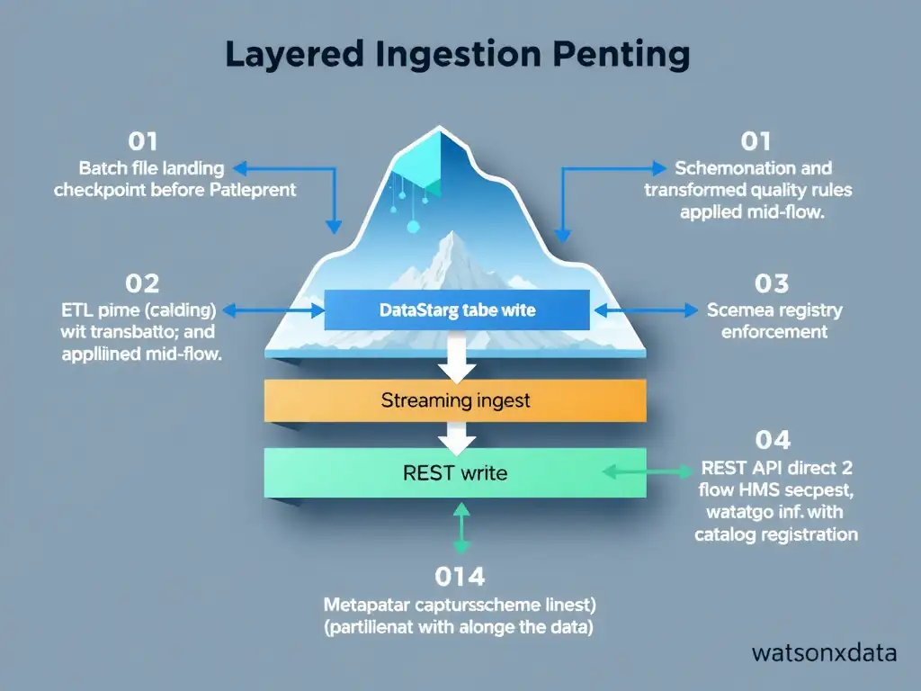 A layered ingestion design diagram showing four ingestion patterns entering watsonx.data: (1) Batch file landing with schema validation checkpoint before Iceberg table write, (2) ETL pipeline (DataStage) with transformation and quality rules applied mid-flow, (3) Streaming ingest with schema registry enforcement, (4) REST API direct write with catalog registration. Each pattern shows metadata capture (schema, lineage, partition info) flowing into the HMS catalog alongside the data.