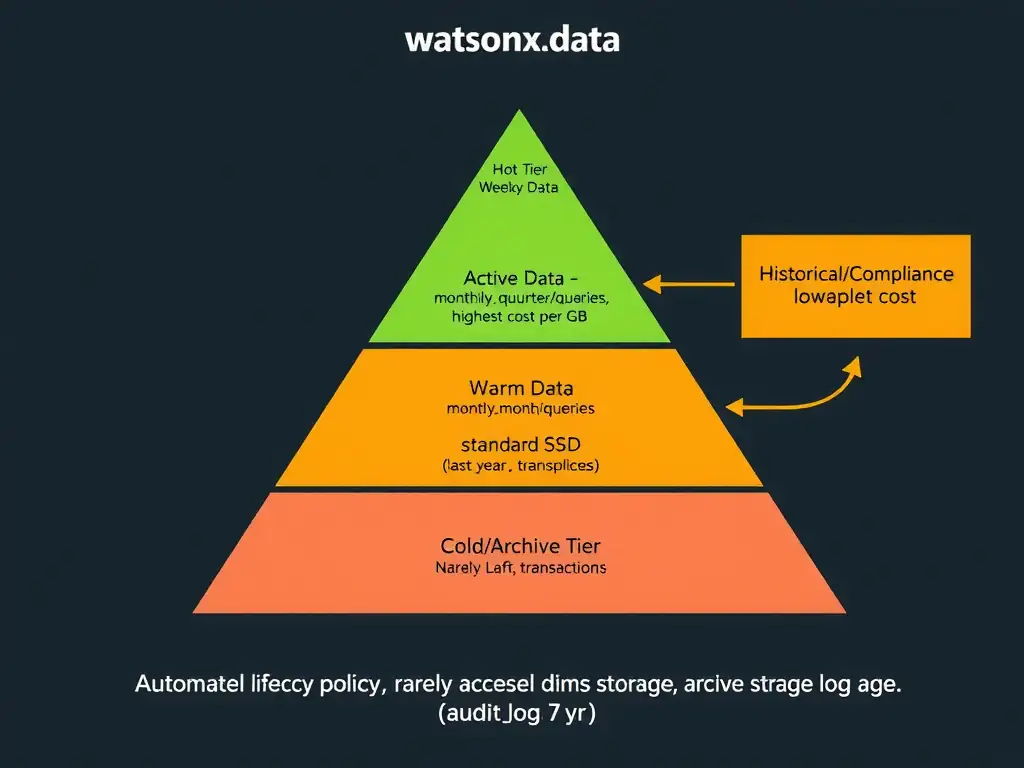A tiered storage pyramid diagram for watsonx.data with three levels: top level (Hot Tier) labeled 'Active Data — daily/weekly queries, NVMe/SSD, highest cost per GB' with example tables (currentmonthsales, liveinventory); middle level (Warm Tier) labeled 'Recent Data — monthly/quarterly queries, standard SSD, moderate cost' with example tables (lastyeartransactions); bottom level (Cold/Archive Tier) labeled 'Historical/Compliance — rarely accessed, archive storage, lowest cost' with example tables (auditlog7yr). Arrows show automated lifecycle policy moving data down as it ages.