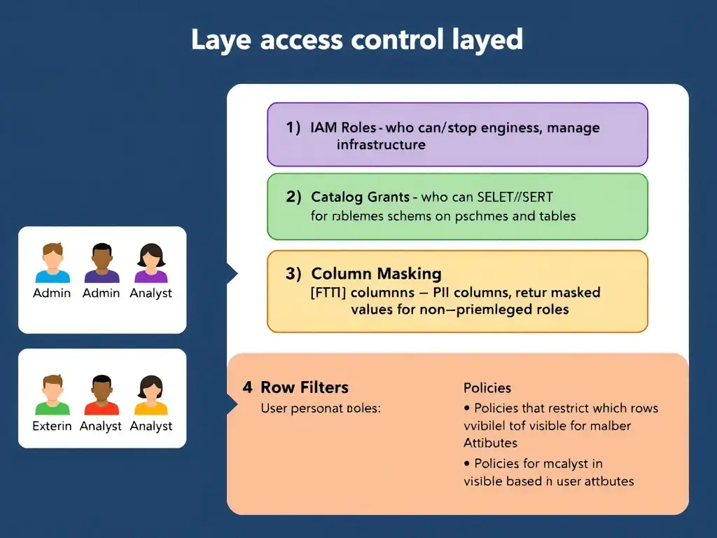 A layered access control diagram for watsonx.data showing four enforcement layers from top to bottom: (1) IAM Roles — who can start/stop engines, manage infrastructure; (2) Catalog Grants — who can SELECT/INSERT on schemas and tables; (3) Column Masking — PII columns return masked values for non-privileged roles; (4) Row Filters — policies that restrict which rows are visible based on user attributes. A user persona panel on the left shows different access levels for Admin, Analyst, and External Auditor roles mapped to each layer.