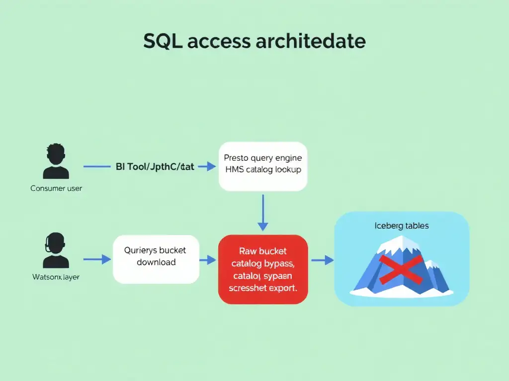 A diagram showing the SQL access architecture for watsonx.data: three consumer types on the left (Console User, BI Tool/JDBC, Python/CLI) connect via arrows to the middle layer (Presto query engine + access control + HMS catalog lookup) which then queries the right layer (Iceberg tables on object storage). A separate red-X panel shows prohibited alternatives: raw bucket download, catalog bypass, screenshot export. Governance checkpoints are highlighted at the engine layer.