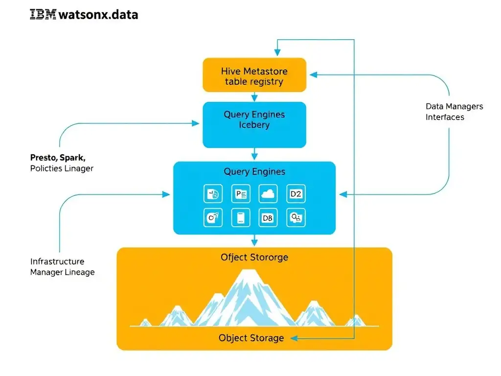 A component architecture diagram of IBM watsonx.data organized as a layered stack: bottom layer shows Object Storage (IBM COS/S3) with Iceberg data files; above that, the Metadata Layer (Hive Metastore, table registry); above that, the Query Engines layer (Presto, Spark, Db2 shown as parallel boxes); above that, the Governance Layer (access control, policies, lineage); top layer shows Management Interfaces (Data Manager console, Infrastructure Manager, Query Workspace). Bidirectional arrows show how each layer interacts with adjacent layers.