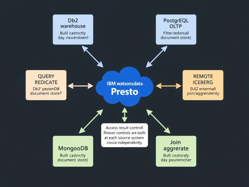 A federation architecture diagram showing IBM watsonx.data Presto engine in the center with federation connectors extending outward to four external data sources (Db2 warehouse, PostgreSQL OLTP, MongoDB document store, remote Iceberg lakehouse). Arrows show query predicate pushdown flowing from Presto to each source, and filtered result sets returning to Presto for join/aggregation. A small panel shows that access controls are enforced at both the Presto layer and at each source system independently.