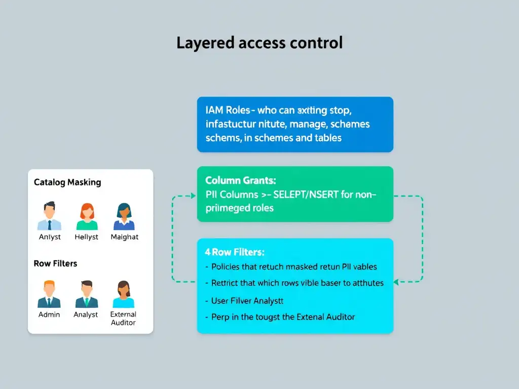 A layered access control diagram for watsonx.data showing four enforcement layers from top to bottom: (1) IAM Roles — who can start/stop engines, manage infrastructure; (2) Catalog Grants — who can SELECT/INSERT on schemas and tables; (3) Column Masking — PII columns return masked values for non-privileged roles; (4) Row Filters — policies that restrict which rows are visible based on user attributes. A user persona panel on the left shows different access levels for Admin, Analyst, and External Auditor roles mapped to each layer.