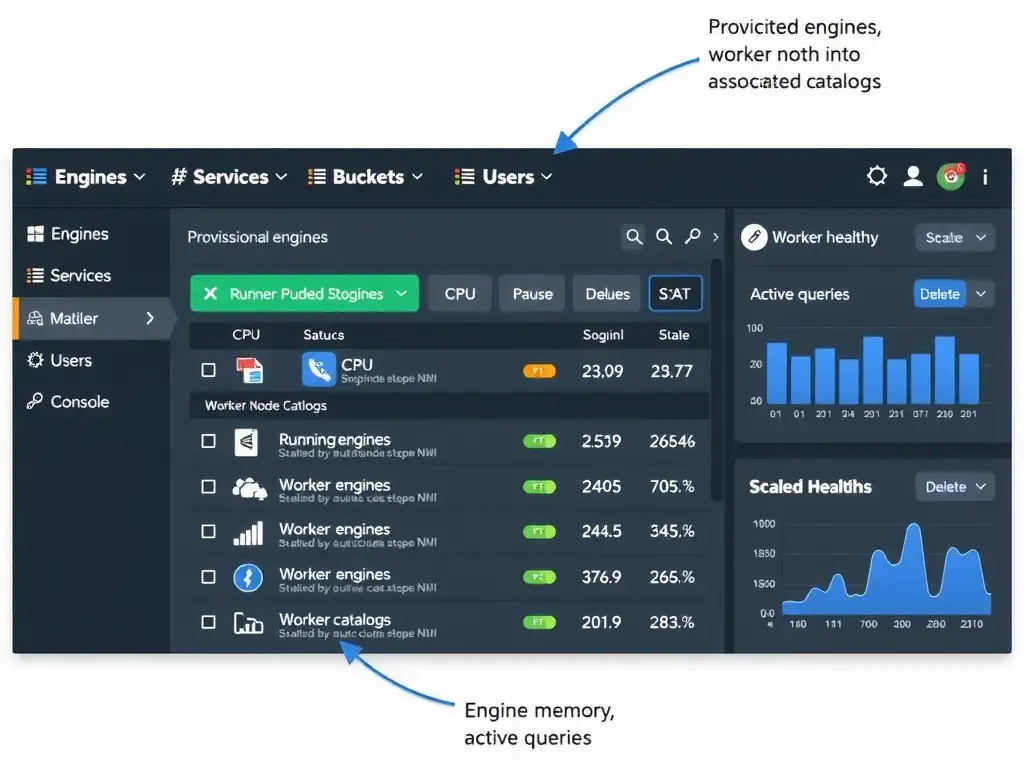 A UI-style diagram of the watsonx.data Infrastructure Manager console showing: left sidebar with navigation (Engines, Services, Buckets, Users); center panel showing a list of provisioned engines with status indicators (Running, Paused, Stopped), worker node count, associated catalogs, and action buttons (Scale, Pause, Delete); right panel showing engine health metrics (CPU, memory, active queries). Callout annotations identify each section's function.