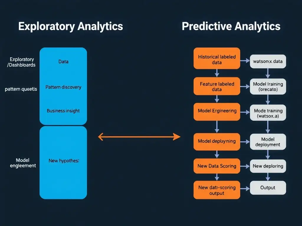 A side-by-side comparison diagram of exploratory vs predictive analytics workflows in watsonx.data: left column labeled 'Exploratory Analytics' shows: data → SQL queries/dashboards → pattern discovery → business insight → new hypothesis; right column labeled 'Predictive Analytics' shows: historical labeled data → feature engineering → model training (watsonx.ai) → model deployment → new data scoring → forecast/classification output. A connecting arrow in the middle shows how exploratory findings inform feature selection for predictive models.