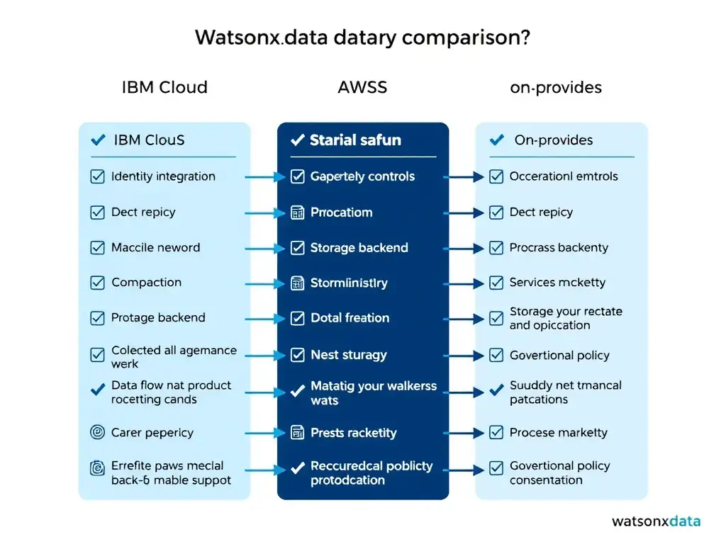 A clean side-by-side comparison diagram showing three watsonx.data deployment topologies: IBM Cloud SaaS, AWS SaaS, and on-premises software. Each column lists key attributes: identity integration, storage backend, governance controls, and operational ownership. Arrows show data flow and governance policy propagation across each model.
