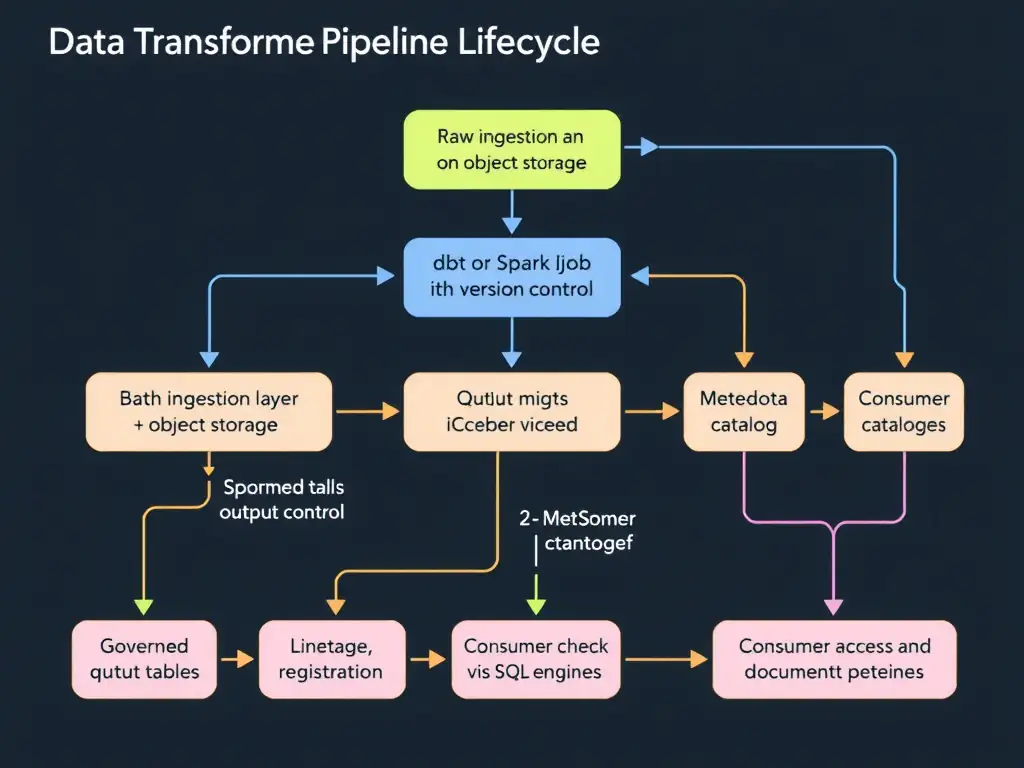 A flowchart showing the data transformation pipeline lifecycle in watsonx.data: raw ingestion layer on object storage → transformation layer (dbt or Spark job with version control) → governed output tables in Iceberg format → metadata catalog registration → consumer access via SQL engines. Annotations highlight where lineage, quality checks, and documentation are captured.