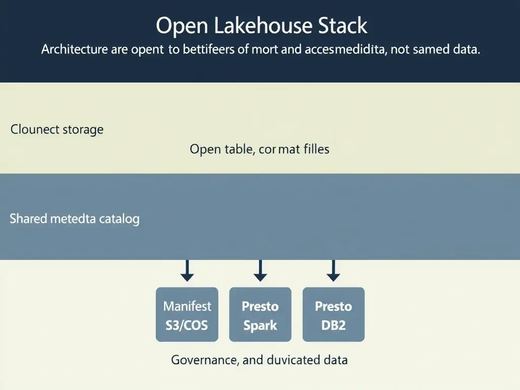 An architecture layer diagram showing the open lakehouse stack from bottom to top: cloud object storage (S3/COS) → open table format files (Iceberg manifest and data files) → shared metadata catalog (Hive Metastore) → multiple query engines (Presto, Spark, Db2) accessing the same data → governance and access control layer on top. Arrows show that engines read metadata, not duplicated data.