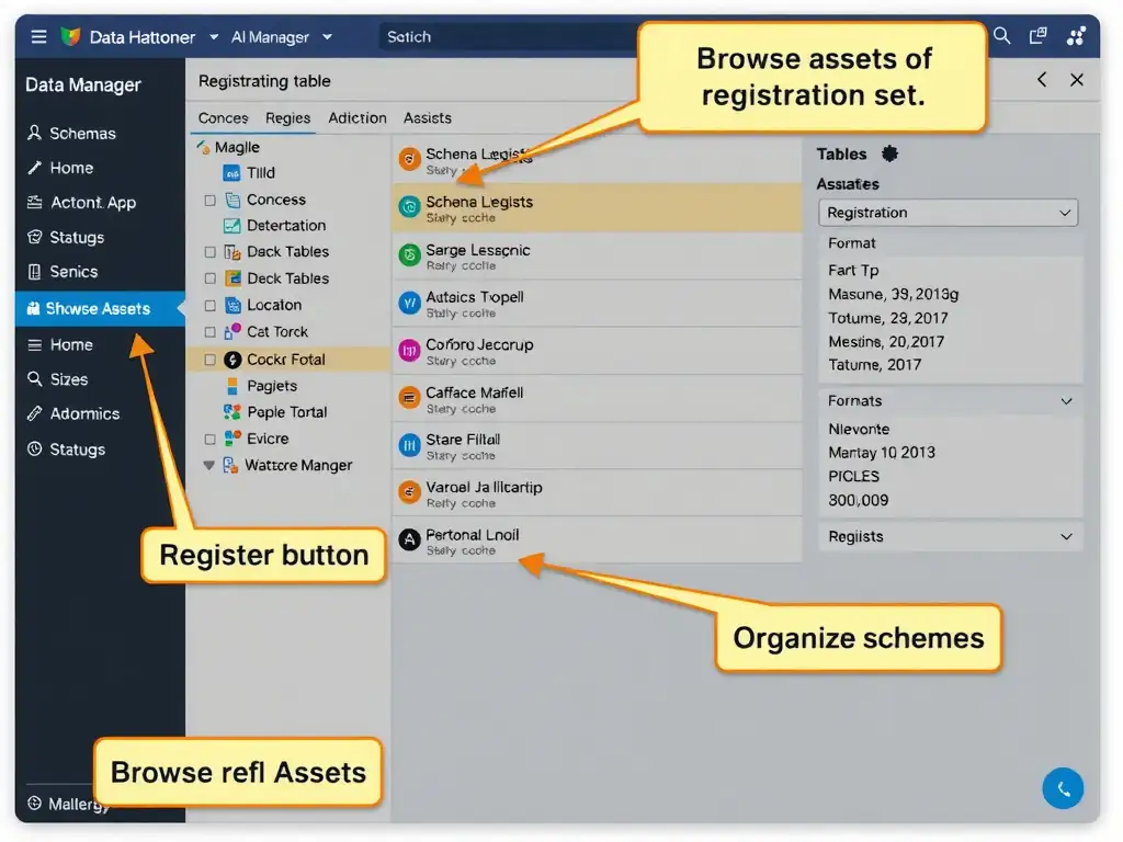 A screenshot-style diagram of the watsonx.data Data Manager UI showing: left panel with schema/catalog tree, center panel listing registered tables with status badges, and right panel showing table metadata (format, size, location, registration date). Callout boxes highlight the Register button, Browse Assets section, and Organize schemas capability.