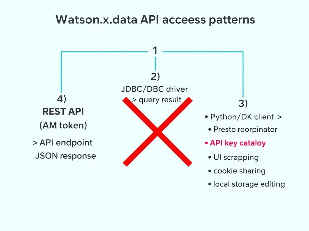 A diagram showing three legitimate API access patterns for watsonx.data: (1) REST API flow with IAM token → API endpoint → JSON response, (2) JDBC/ODBC driver flow from BI tool → Presto coordinator → query result, (3) Python/SDK client flow with API key → watsonx.data client → catalog operation. A red X overlays three anti-patterns: UI scraping, cookie sharing, and local storage editing.