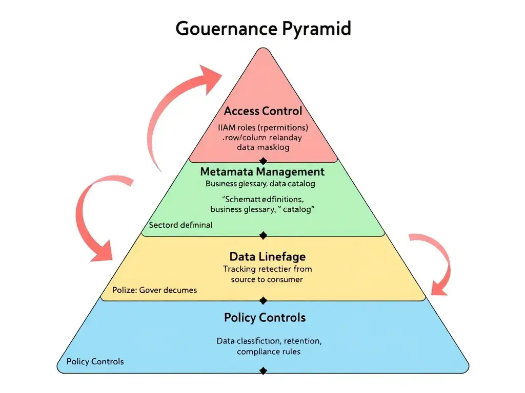 A four-layer governance pyramid diagram for watsonx.data: bottom layer shows Access Control (IAM roles, table permissions, row/column masking), second layer shows Metadata Management (schema definitions, business glossary, data catalog), third layer shows Data Lineage (tracking data from source to consumer), top layer shows Policy Controls (data classification, retention, compliance rules). Arrows show how each layer feeds into and enforces the others.