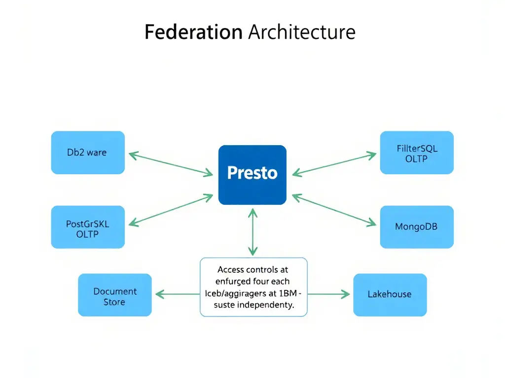 A federation architecture diagram showing IBM watsonx.data Presto engine in the center with federation connectors extending outward to four external data sources (Db2 warehouse, PostgreSQL OLTP, MongoDB document store, remote Iceberg lakehouse). Arrows show query predicate pushdown flowing from Presto to each source, and filtered result sets returning to Presto for join/aggregation. A small panel shows that access controls are enforced at both the Presto layer and at each source system independently.