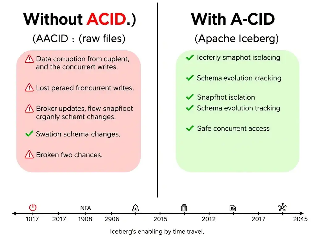 A comparison diagram split into two columns: left column labeled 'Without ACID (raw files)' shows scenarios of data corruption from concurrent writes, lost updates, and broken schema changes with red warning icons; right column labeled 'With ACID (Apache Iceberg)' shows the same scenarios resolved via snapshot isolation, schema evolution tracking, and safe concurrent access with green checkmarks. A timeline at the bottom shows Iceberg's snapshot history enabling time travel.