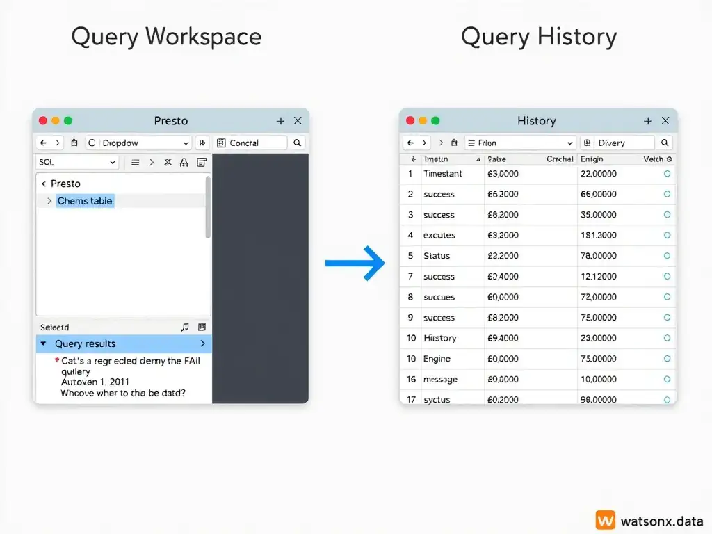 A side-by-side screenshot diagram of two watsonx.data console panels: left panel labeled 'Query Workspace' showing a SQL editor with engine dropdown (Presto selected), schema browser tree, and query results table; right panel labeled 'Query History' showing a table of past queries with columns for timestamp, status (success/failed), execution time, engine, and error message. An arrow connects a failed query in History to the editor where it can be re-run.
