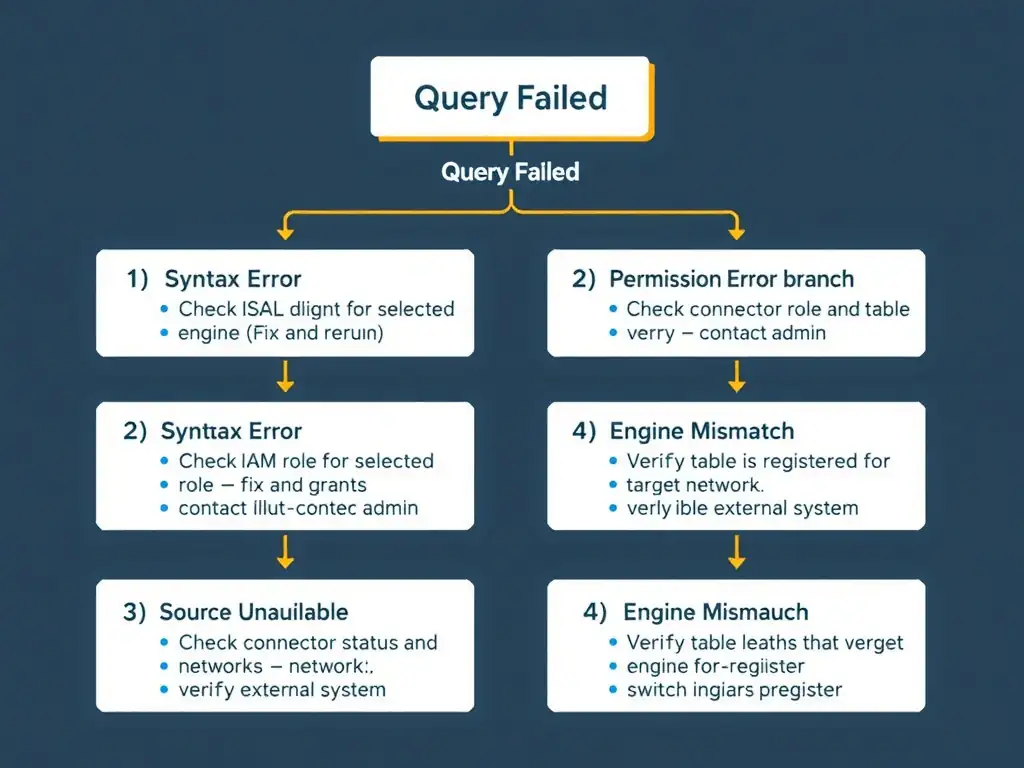 A troubleshooting flowchart for failed watsonx.data SQL queries, starting from 'Query Failed' with four branching diagnostic paths: (1) Syntax Error branch → check SQL dialect for selected engine → fix and rerun; (2) Permission Error branch → check IAM role and table grants → contact admin; (3) Source Unavailable branch → check connector status and network → verify external system; (4) Engine Mismatch branch → verify table is registered for target engine → switch engine or re-register. Each branch ends with a resolution action.