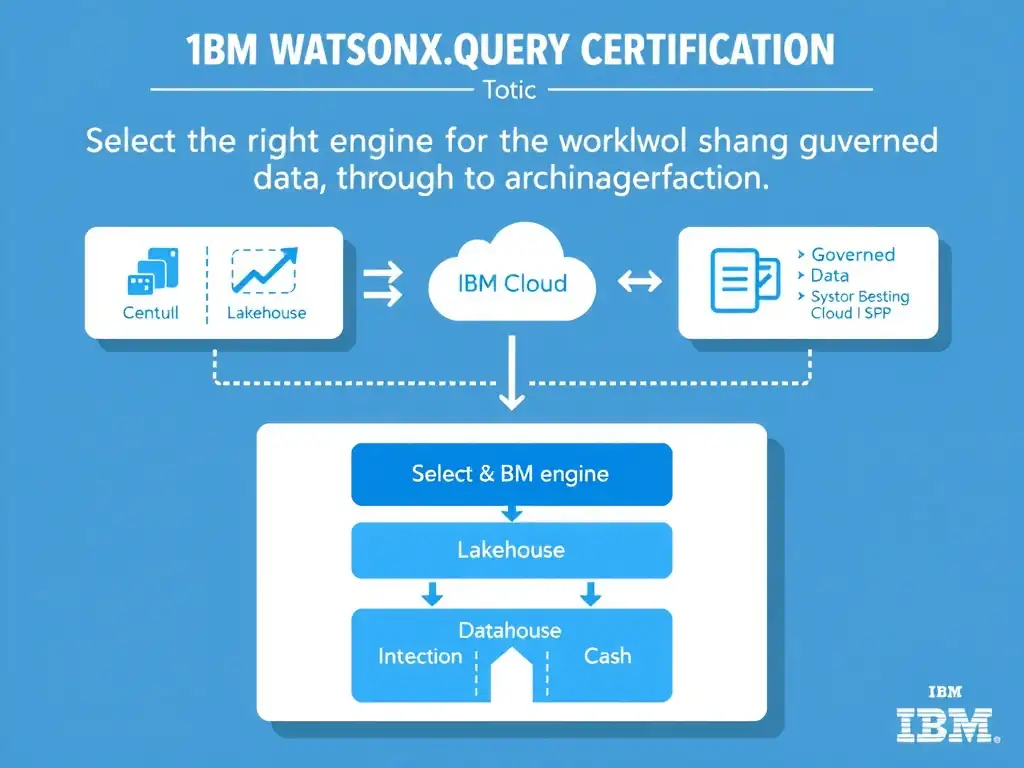 Clean technical infographic for IBM C9007300 certification illustrating: Select the right engine for the workload while sharing governed data through the. Show a labeled diagram with IBM watsonx.data branding on a dark navy background, with clear component boxes, directional arrows showing data or control flow, and a color-coded legend distinguishing correct vs. incorrect architectural patterns. Style: professional, IBM design language, suitable for exam study material.
