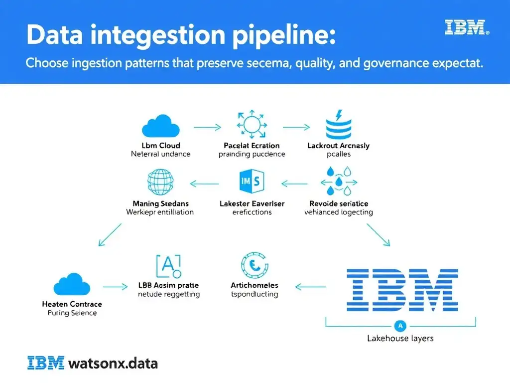 Clean technical infographic for IBM C9007300 certification illustrating: Choose ingestion patterns that preserve schema, quality, and governance expectat. Show a labeled diagram with IBM watsonx.data branding on a dark navy background, with clear component boxes, directional arrows showing data or control flow, and a color-coded legend distinguishing correct vs. incorrect architectural patterns. Style: professional, IBM design language, suitable for exam study material.