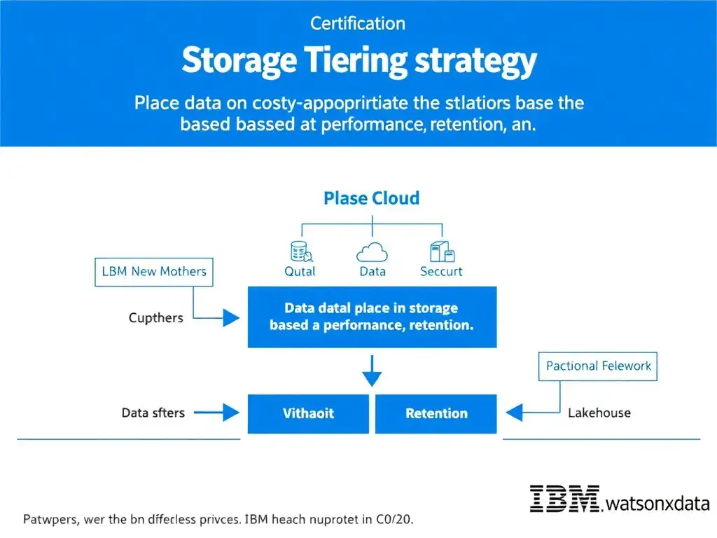 Clean technical infographic for IBM C9007300 certification illustrating: Place data on cost-appropriate storage tiers based on performance, retention, an. Show a labeled diagram with IBM watsonx.data branding on a dark navy background, with clear component boxes, directional arrows showing data or control flow, and a color-coded legend distinguishing correct vs. incorrect architectural patterns. Style: professional, IBM design language, suitable for exam study material.