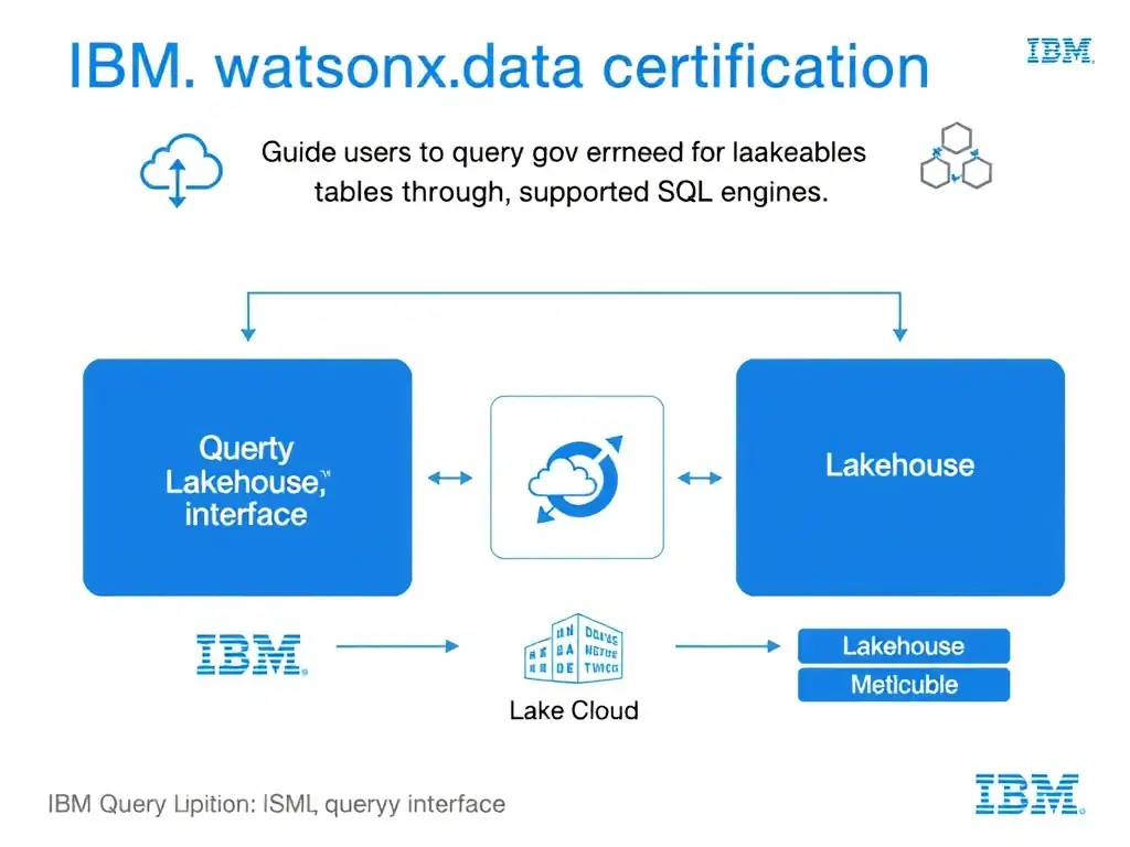 Clean technical infographic for IBM C9007300 certification illustrating: Guide users to query governed lakehouse tables through supported SQL engines and. Show a labeled diagram with IBM watsonx.data branding on a dark navy background, with clear component boxes, directional arrows showing data or control flow, and a color-coded legend distinguishing correct vs. incorrect architectural patterns. Style: professional, IBM design language, suitable for exam study material.