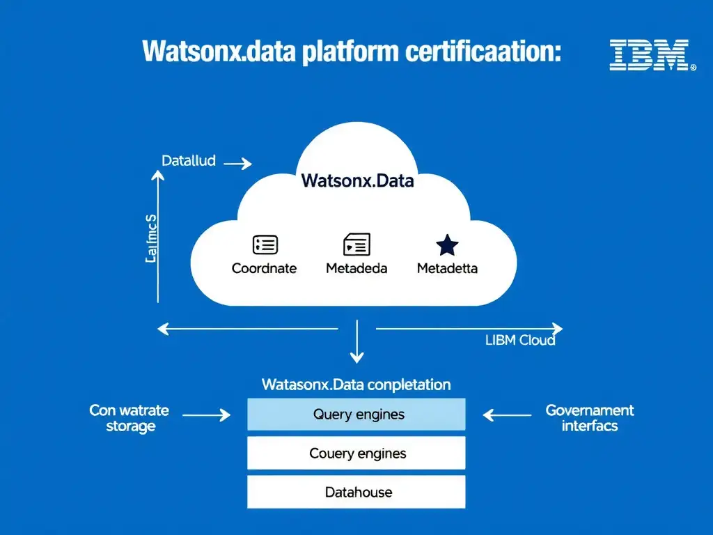 Clean technical infographic for IBM C9007300 certification illustrating: Coordinate storage, metadata, query engines, governance, and management interfac. Show a labeled diagram with IBM watsonx.data branding on a dark navy background, with clear component boxes, directional arrows showing data or control flow, and a color-coded legend distinguishing correct vs. incorrect architectural patterns. Style: professional, IBM design language, suitable for exam study material.