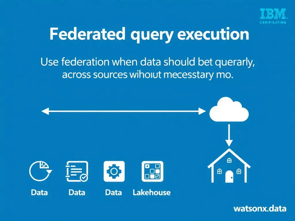 Clean technical infographic for IBM C9007300 certification illustrating: Use federation when data should be queried across sources without unnecessary mo. Show a labeled diagram with IBM watsonx.data branding on a dark navy background, with clear component boxes, directional arrows showing data or control flow, and a color-coded legend distinguishing correct vs. incorrect architectural patterns. Style: professional, IBM design language, suitable for exam study material.