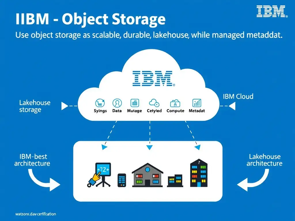 Clean technical infographic for IBM C9007300 certification illustrating: Use object storage as scalable, durable lakehouse storage while managing metadat. Show a labeled diagram with IBM watsonx.data branding on a dark navy background, with clear component boxes, directional arrows showing data or control flow, and a color-coded legend distinguishing correct vs. incorrect architectural patterns. Style: professional, IBM design language, suitable for exam study material.
