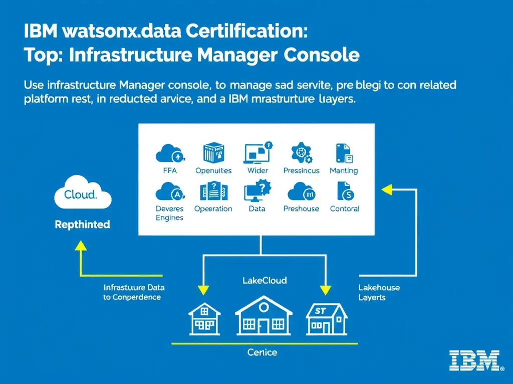 Clean technical infographic for IBM C9007300 certification illustrating: Use Infrastructure Manager to manage engines, services, and related platform res. Show a labeled diagram with IBM watsonx.data branding on a dark navy background, with clear component boxes, directional arrows showing data or control flow, and a color-coded legend distinguishing correct vs. incorrect architectural patterns. Style: professional, IBM design language, suitable for exam study material.