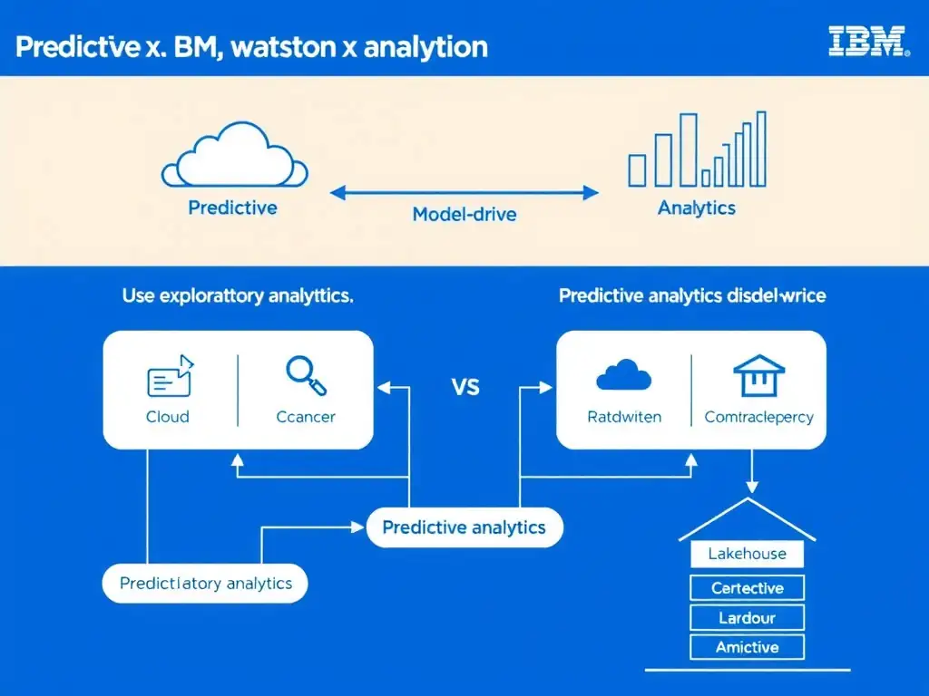 Clean technical infographic for IBM C9007300 certification illustrating: Use exploratory analytics for discovery and predictive analytics for model-drive. Show a labeled diagram with IBM watsonx.data branding on a dark navy background, with clear component boxes, directional arrows showing data or control flow, and a color-coded legend distinguishing correct vs. incorrect architectural patterns. Style: professional, IBM design language, suitable for exam study material.
