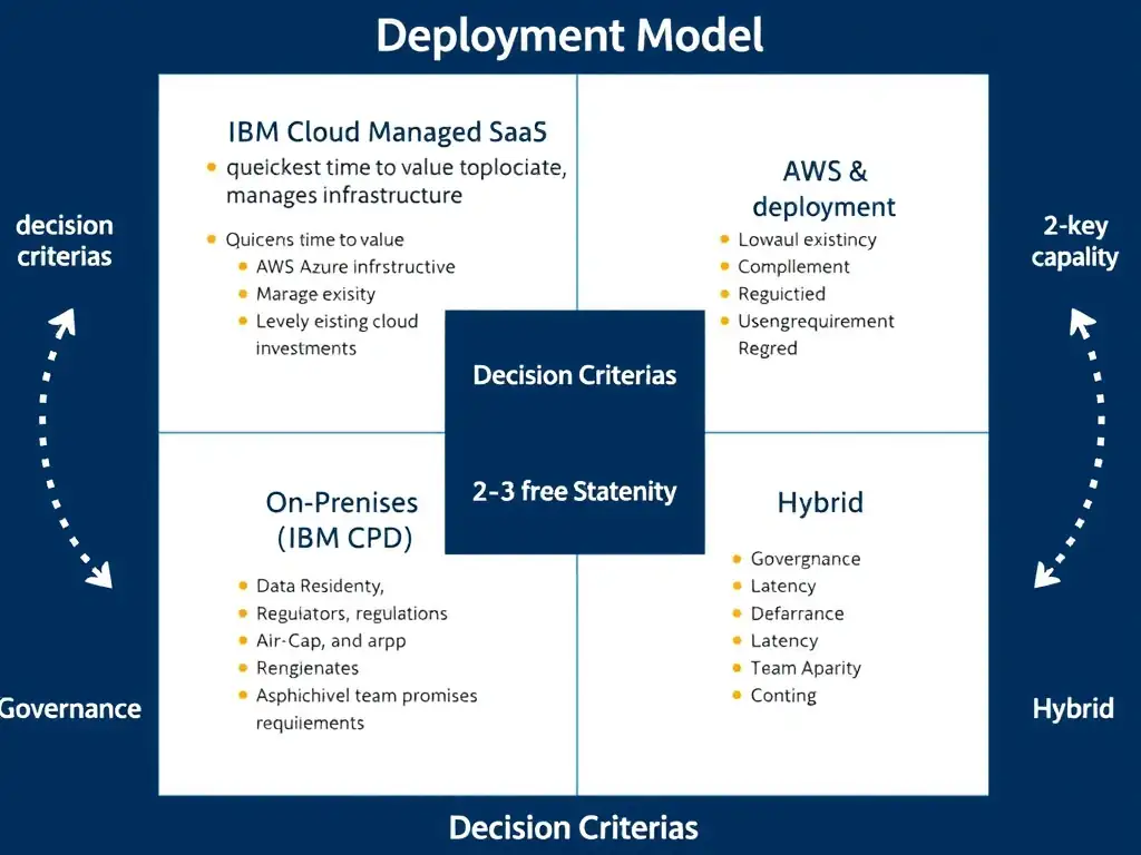 Clean technical infographic for IBM C9007300 certification illustrating: Match deployment choices to hybrid-cloud, governance, and operational requiremen. Show a labeled diagram with IBM watsonx.data branding on a dark navy background, with clear component boxes, directional arrows showing data or control flow, and a color-coded legend distinguishing correct vs. incorrect architectural patterns. Style: professional, IBM design language, suitable for exam study material.