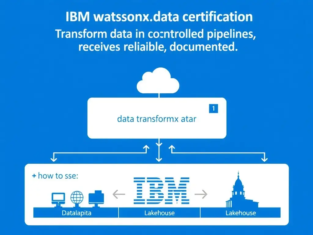 Clean technical infographic for IBM C9007300 certification illustrating: Transform data in controlled pipelines so consumers receive reliable, documented. Show a labeled diagram with IBM watsonx.data branding on a dark navy background, with clear component boxes, directional arrows showing data or control flow, and a color-coded legend distinguishing correct vs. incorrect architectural patterns. Style: professional, IBM design language, suitable for exam study material.