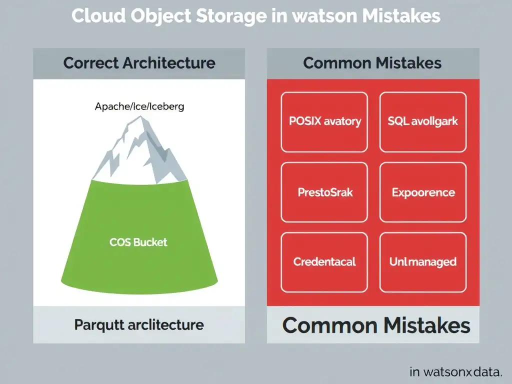 Clean technical infographic for IBM C9007300 certification illustrating: Use open table formats on object storage with governance and query engines layer. Show a labeled diagram with IBM watsonx.data branding on a dark navy background, with clear component boxes, directional arrows showing data or control flow, and a color-coded legend distinguishing correct vs. incorrect architectural patterns. Style: professional, IBM design language, suitable for exam study material.