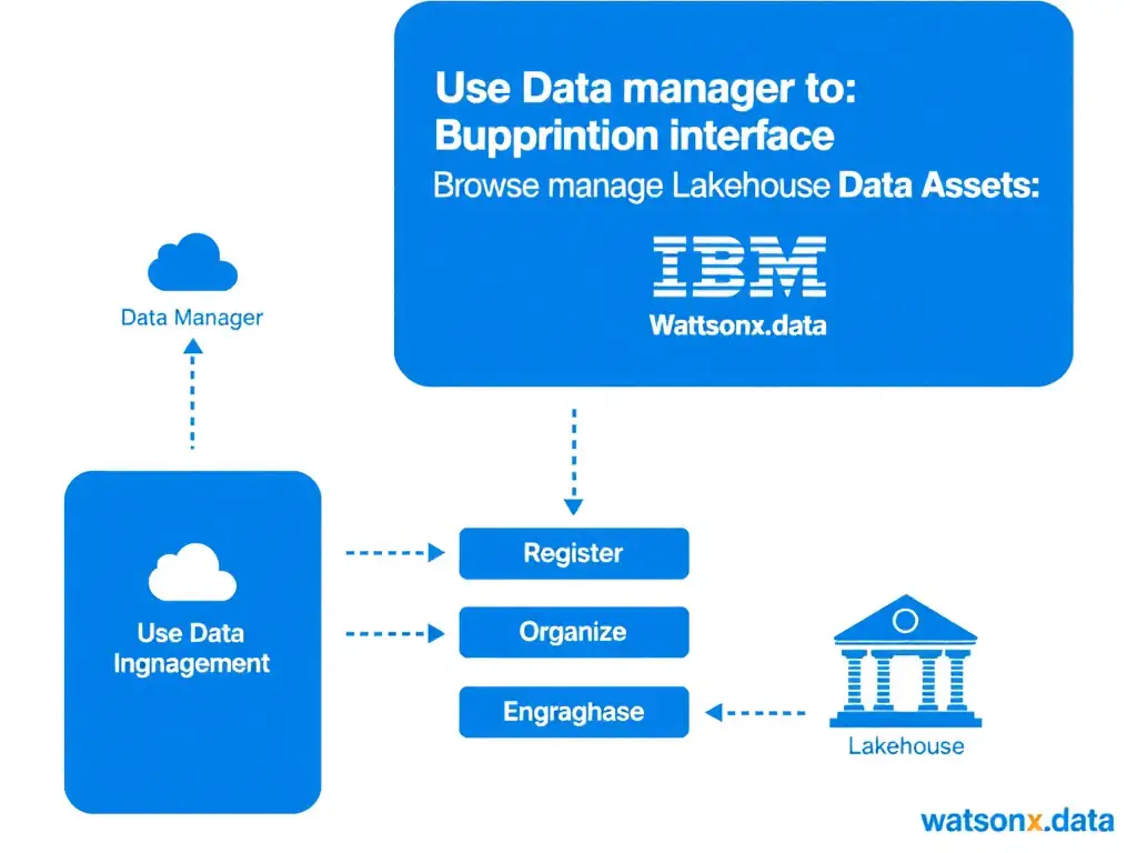 Clean technical infographic for IBM C9007300 certification illustrating: Use Data manager to browse, register, organize, and manage lakehouse data assets. Show a labeled diagram with IBM watsonx.data branding on a dark navy background, with clear component boxes, directional arrows showing data or control flow, and a color-coded legend distinguishing correct vs. incorrect architectural patterns. Style: professional, IBM design language, suitable for exam study material.