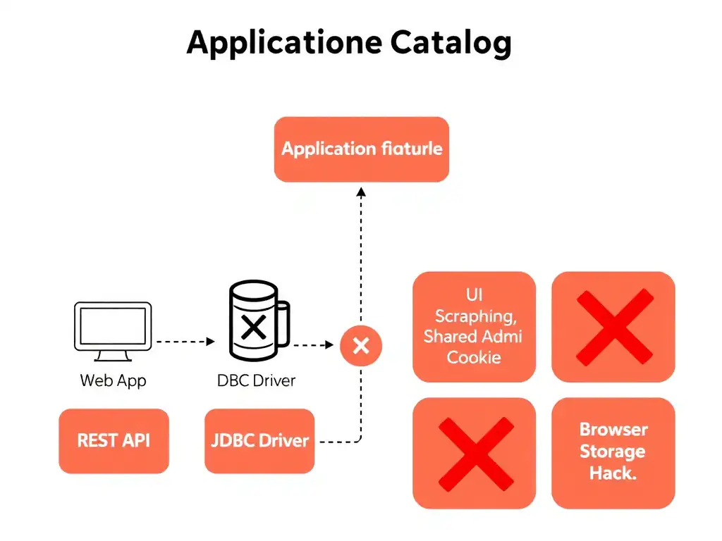 Clean technical infographic for IBM C9007300 certification illustrating: Use supported APIs and clients when applications need programmatic access to wat. Show a labeled diagram with IBM watsonx.data branding on a dark navy background, with clear component boxes, directional arrows showing data or control flow, and a color-coded legend distinguishing correct vs. incorrect architectural patterns. Style: professional, IBM design language, suitable for exam study material.